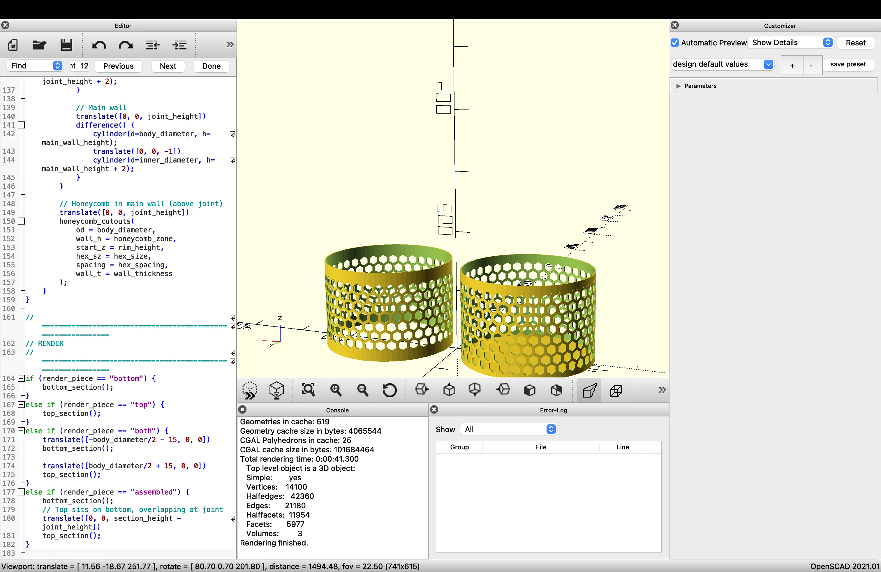 OpenSCAD honeycomb body render showing the two-piece design
