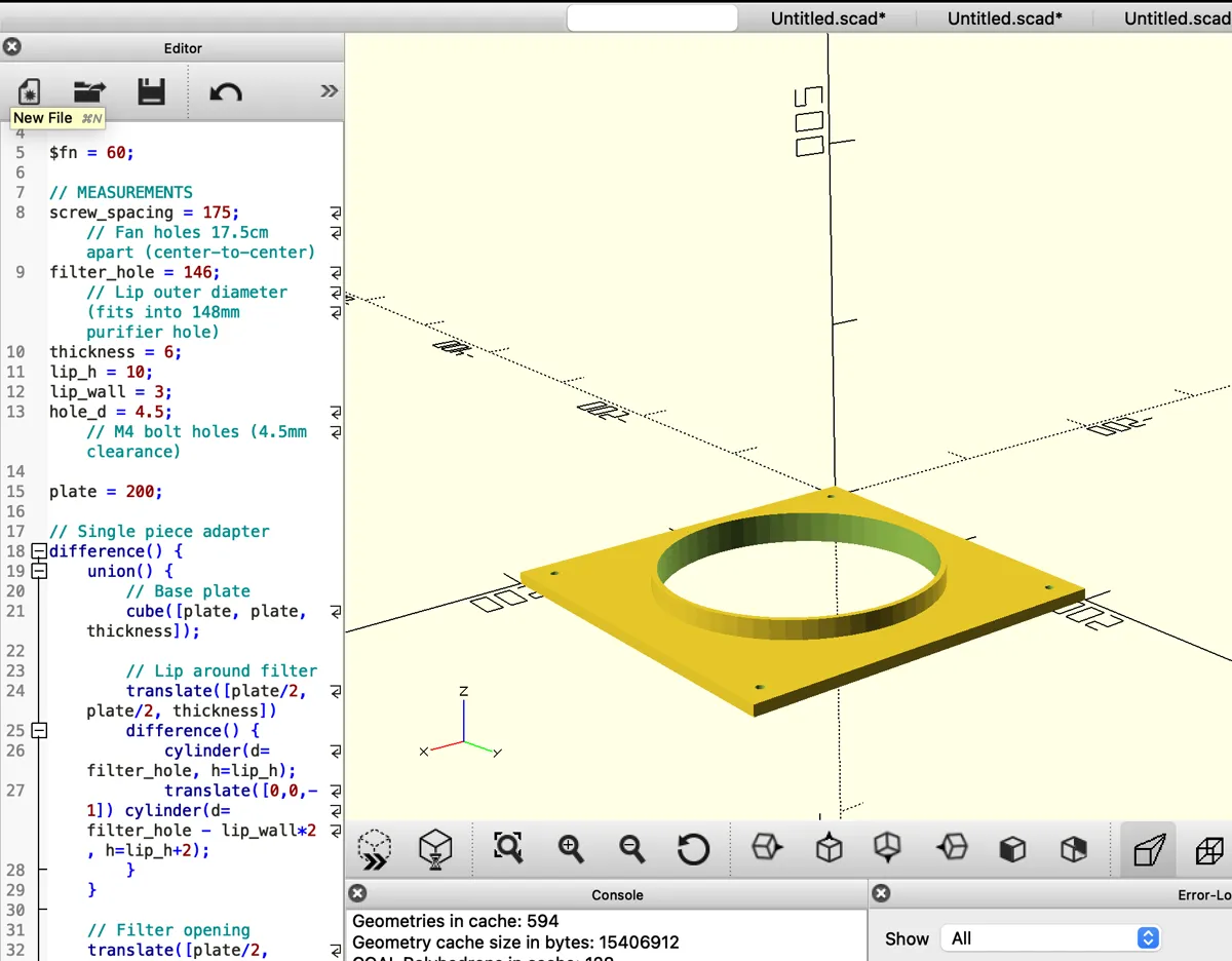 OpenSCAD design showing the 3D adapter model